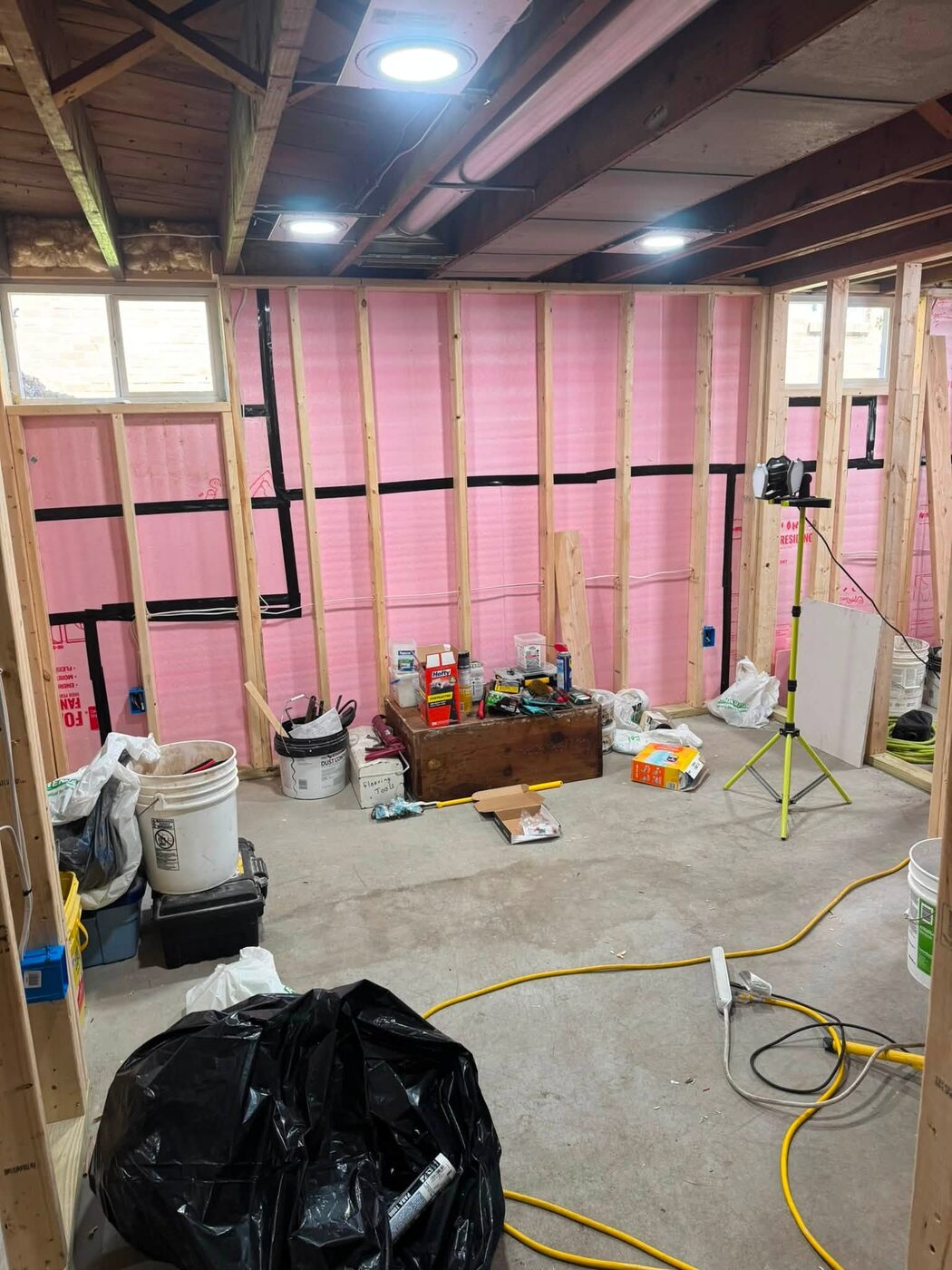 Finished basement with recessed lighting